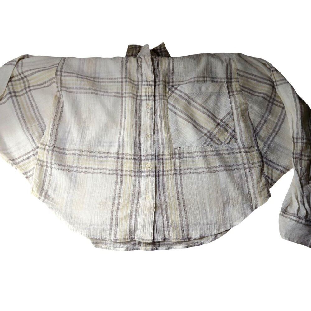 Free People Ivory Cutie Plaid Crop Top M Button Front Dolman Sleeves OB613778 - Picture 13 of 15